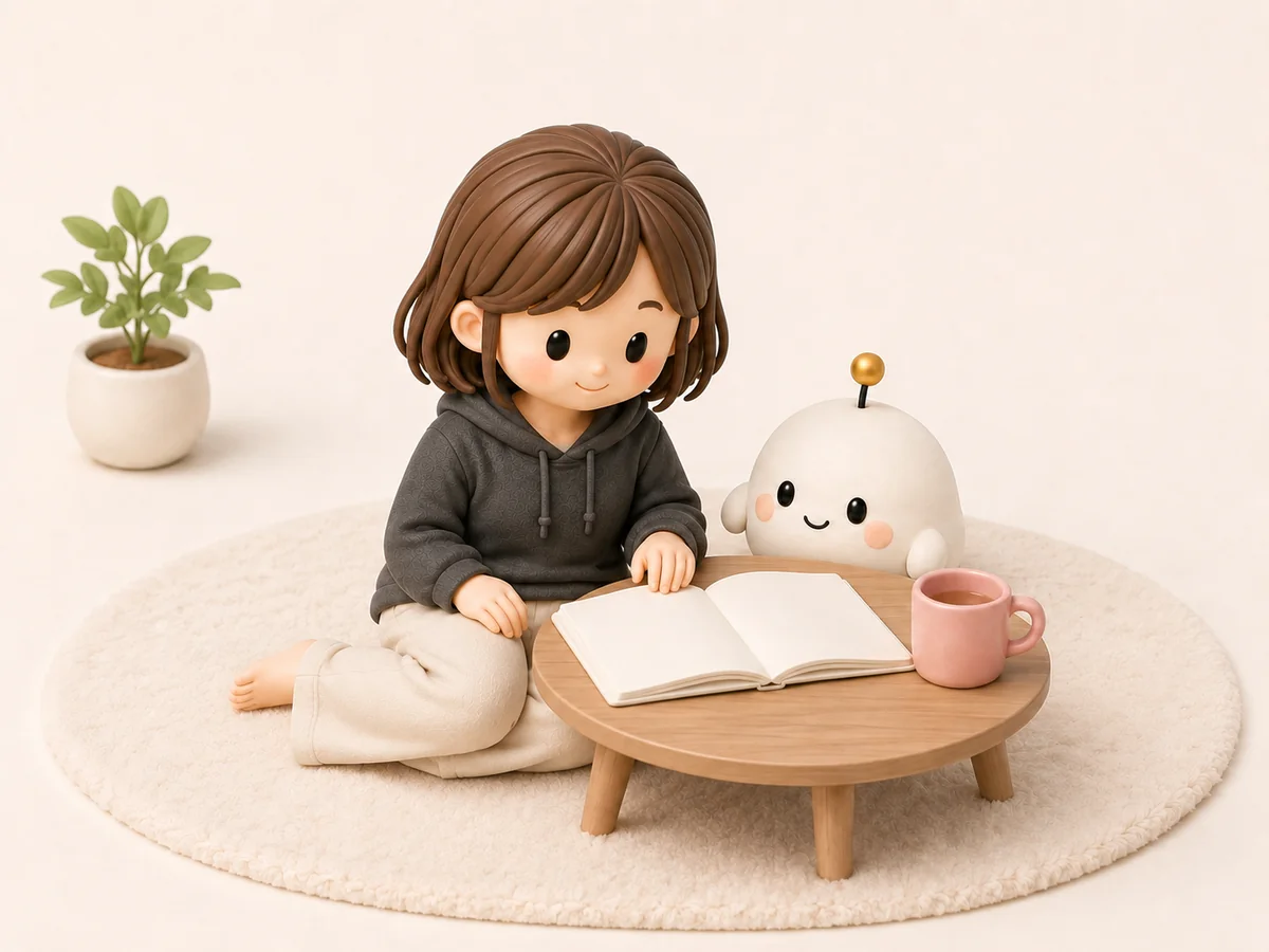 みのりとらぼもちが、ノートを見ながら一緒に考えている