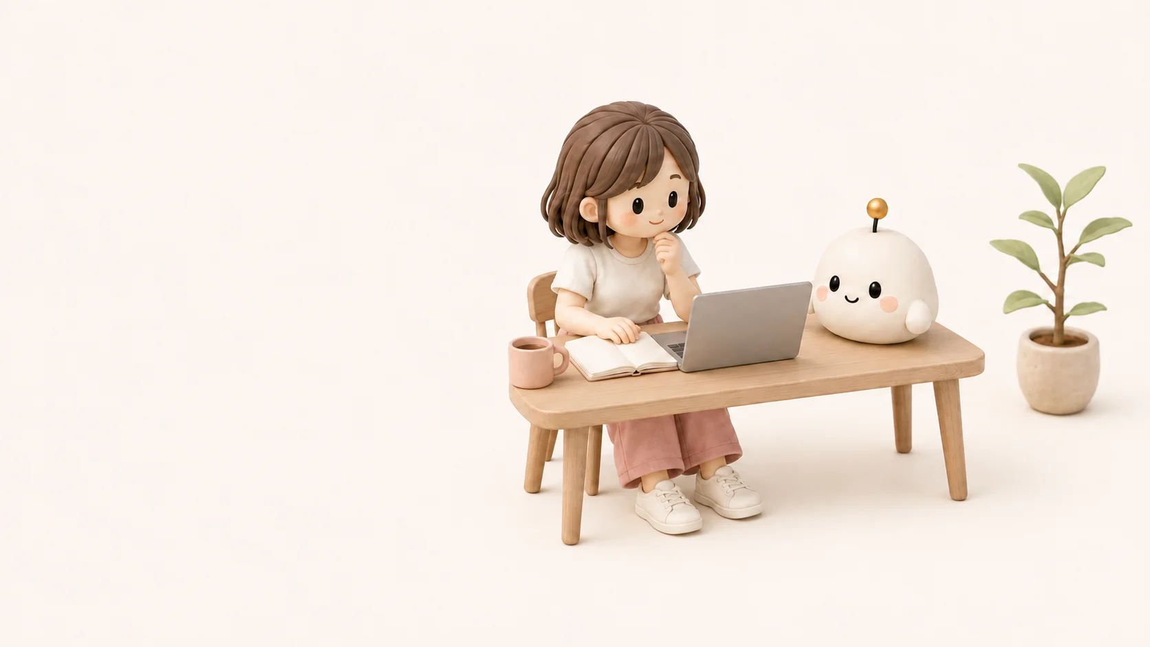 みのりとらぼもちが、ノートとパソコンを広げて一緒に作業している