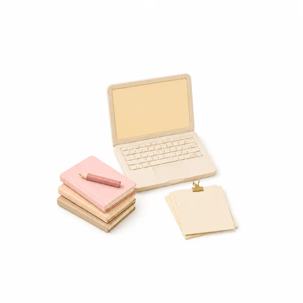 ノートPC、重ねたノート、用紙、ピンクの鉛筆